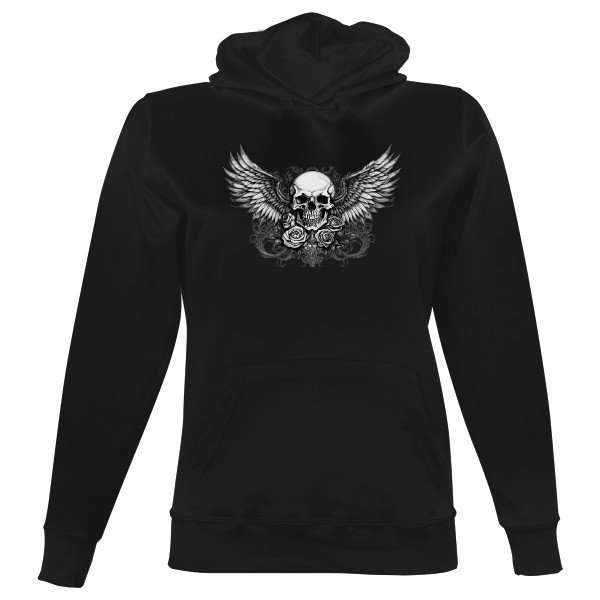Dámská mikina s kapucí s potiskem Gothic lebka s růží vepředu i zezadu